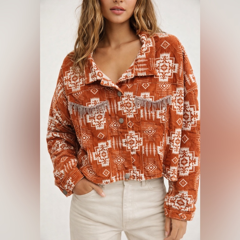 Rust Aztec Fringe Corduroy Jacket - Women